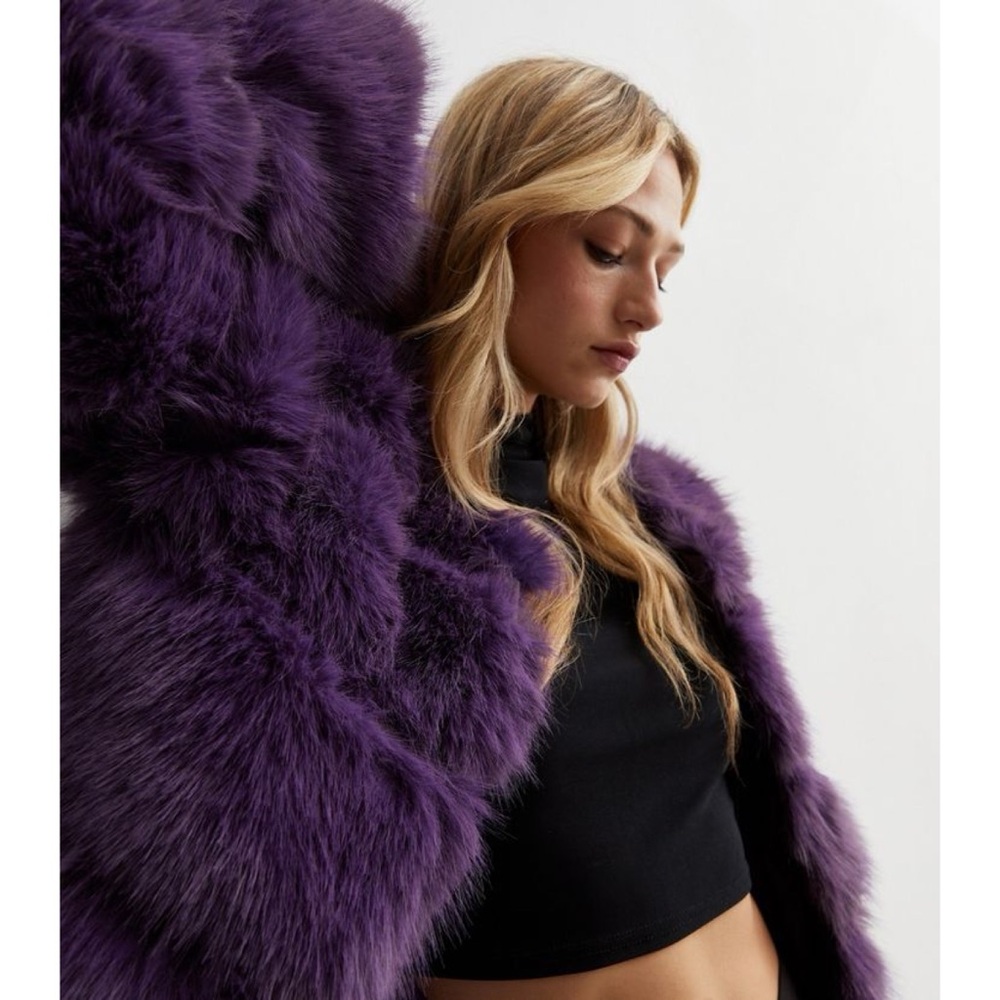 Gini London Purple Faux Fur Coat M/L Cropped Jacket Plush Tiered Lined - Picture 3 of 11